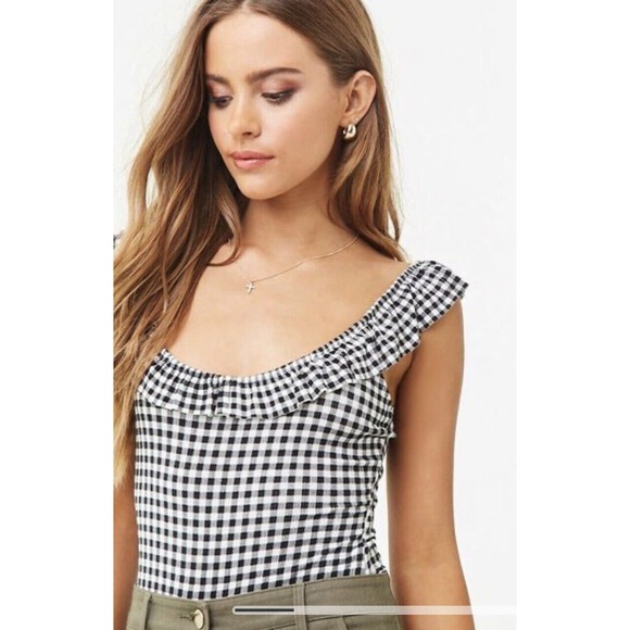 FOREVER 21 ONE PIECE Ribbed GINGHAM BODY SUIT WITH RUFFLE TRIM Medium - Picture 2 of 12